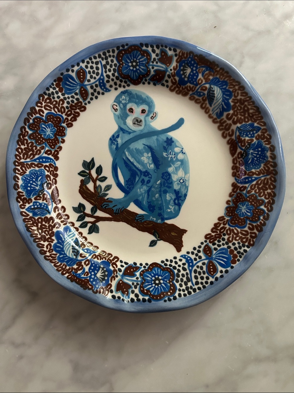 Rare Nathalie Lete French Blue Floral Monkey Decorative Plate - Home Art